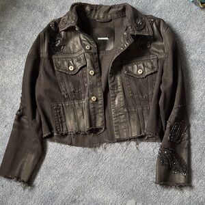 Diesel Black Cropped Distressed Sequin-Accent Jean Jacket